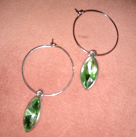 Light Green Marquis Rhinestone Silver Hoop CZ Crystal Dangle Earrings Hoops New - Picture 2 of 9